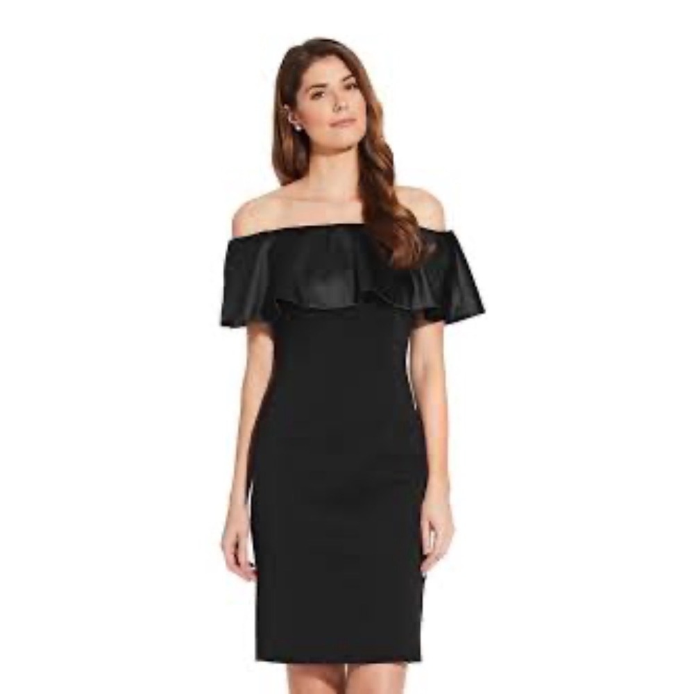 Adrianna Papell Black Off The Shoulder Satin Ruffle Sheath Cocktail Dress 14